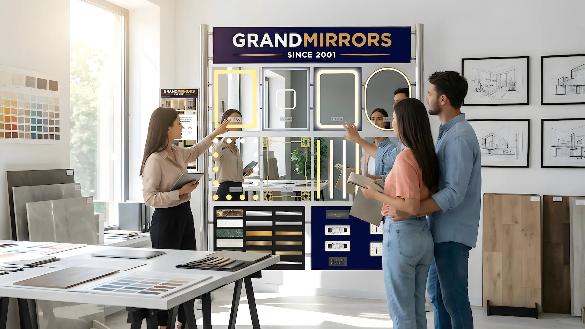 A clean bathroom featuring a modern sink and a large mirror reflecting the bright, well-lit space.