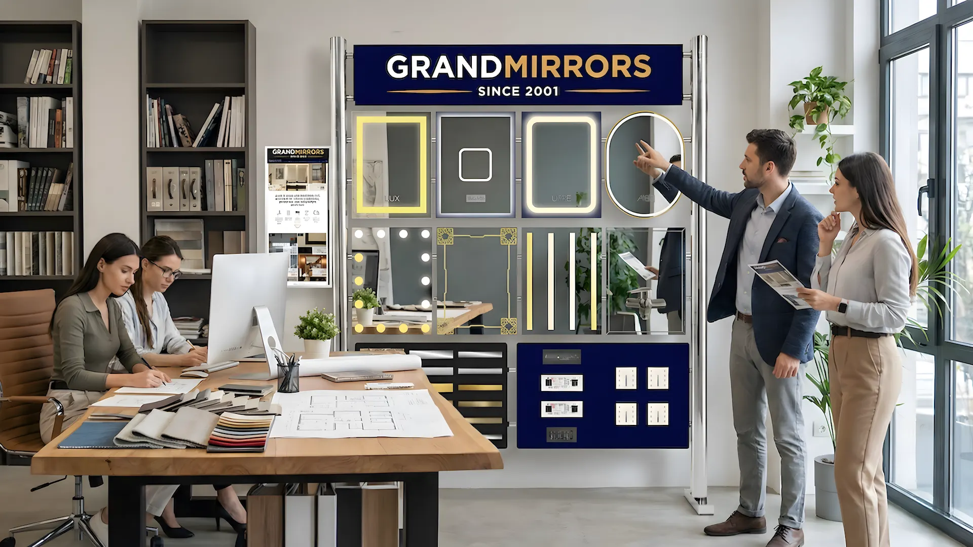 A clean bathroom featuring a modern sink and a large mirror reflecting the bright, well-lit space.