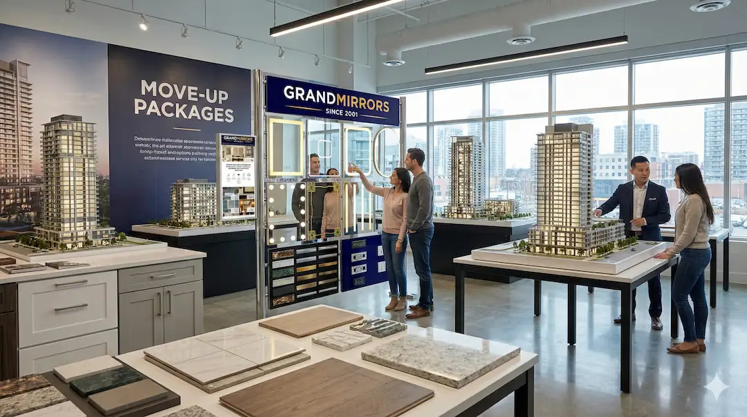 Mirror with light frame set into a wall made in ivory porcelain tiles.