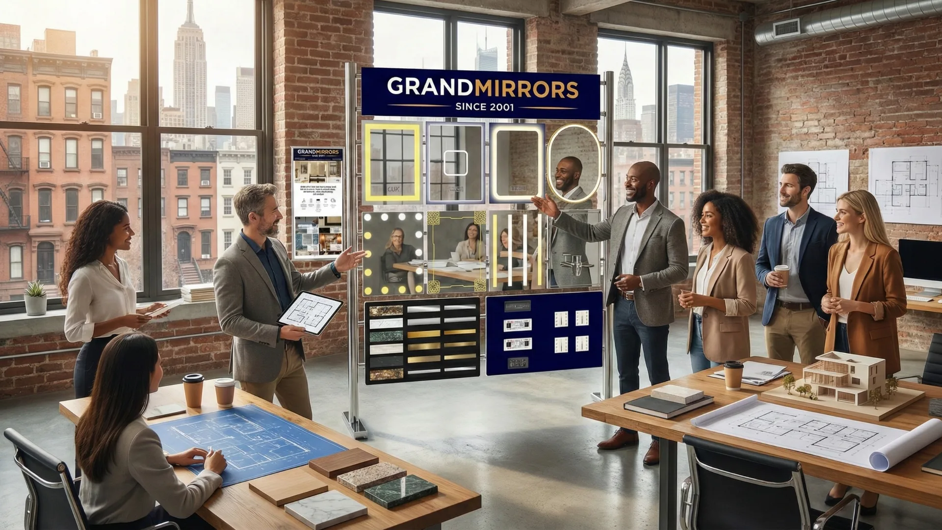 Luxurious bathroom with a unique illuminated mirror as the centerpiece of the area.