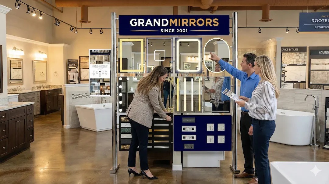 Luxurious bathroom with a unique illuminated mirror as the centerpiece of the area.