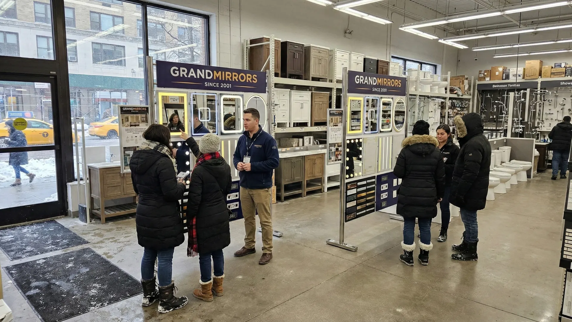 Two wall-mounted lighted mirrors in a washroom above its elegant sink.