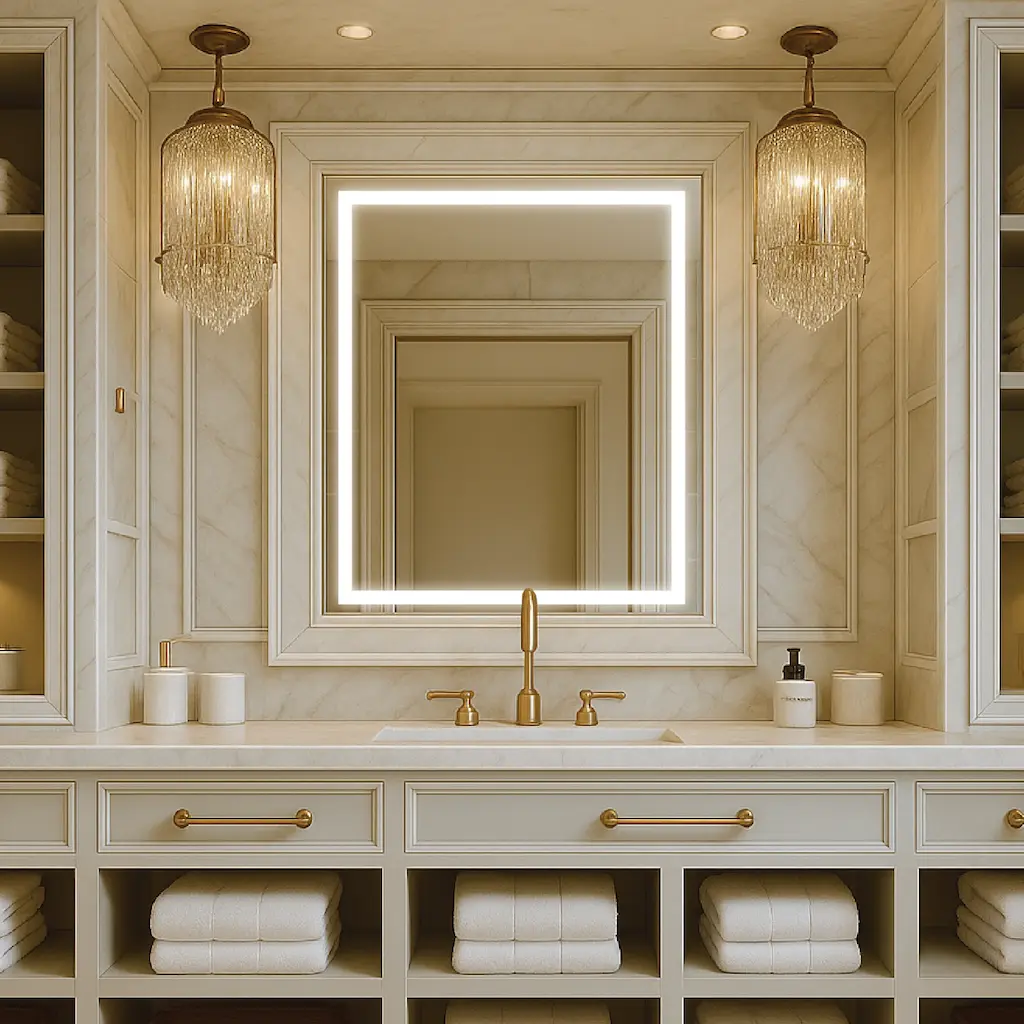 Lighted mirror with a bathtub and shower, providing a refreshing space for a fancy bathroom.
