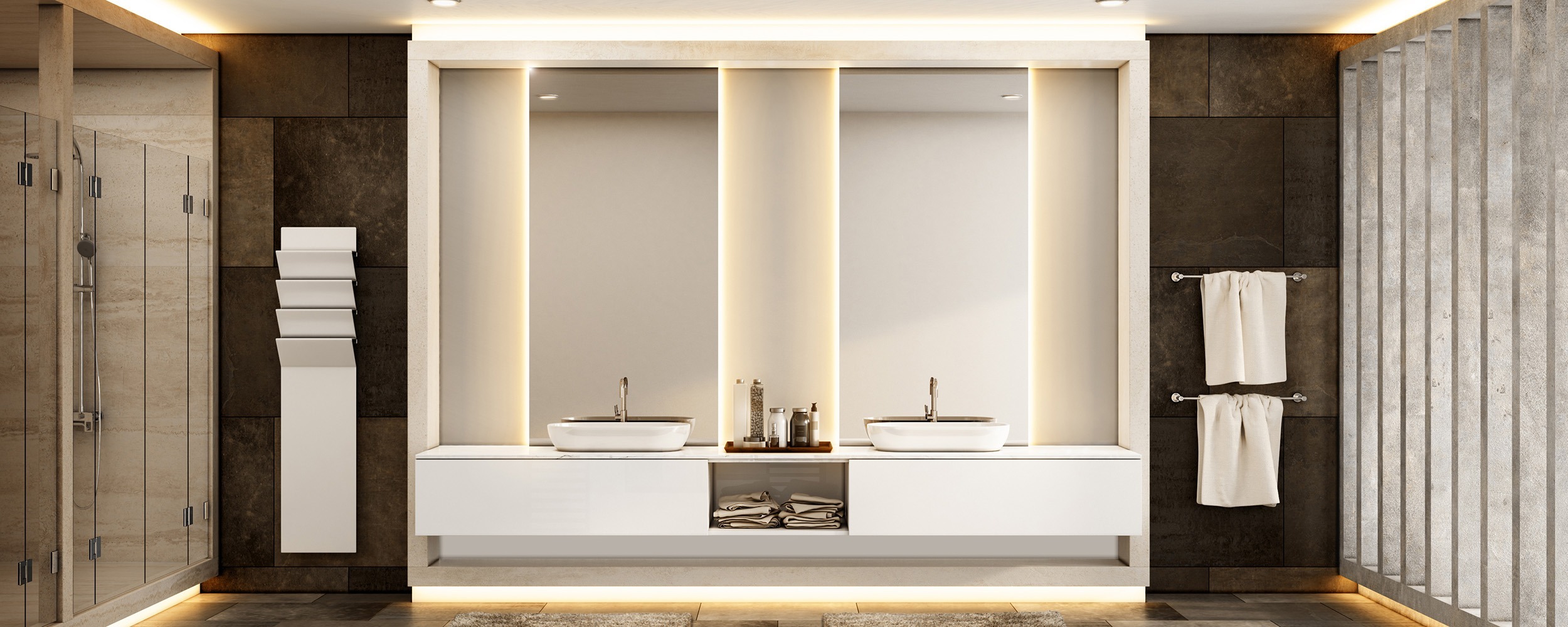 Double Sink Backlit Mirror by Grand Mirrors in a Spa Bathroom